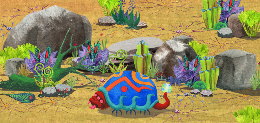 display of plants, rocks, and a bright colored turtle